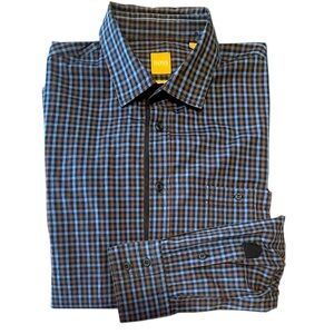 BOSS Orange Men's Blue and Black Checked Cotton Dress Shirt Size Large